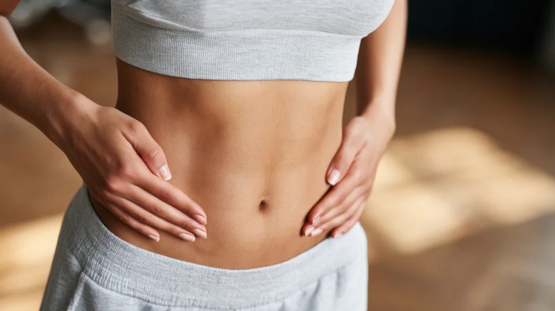 Woman with toned abdomen placing hands on sides of stomach in fitness attire