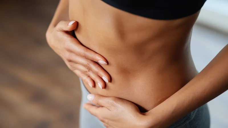 Woman holding her toned abdomen in a fitness setting