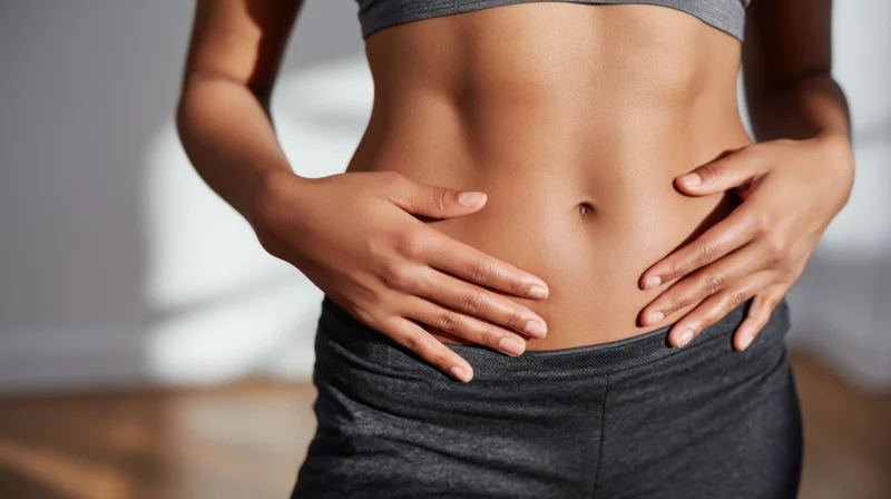 Woman with toned abdomen touching her stomach in fitness attire indoors