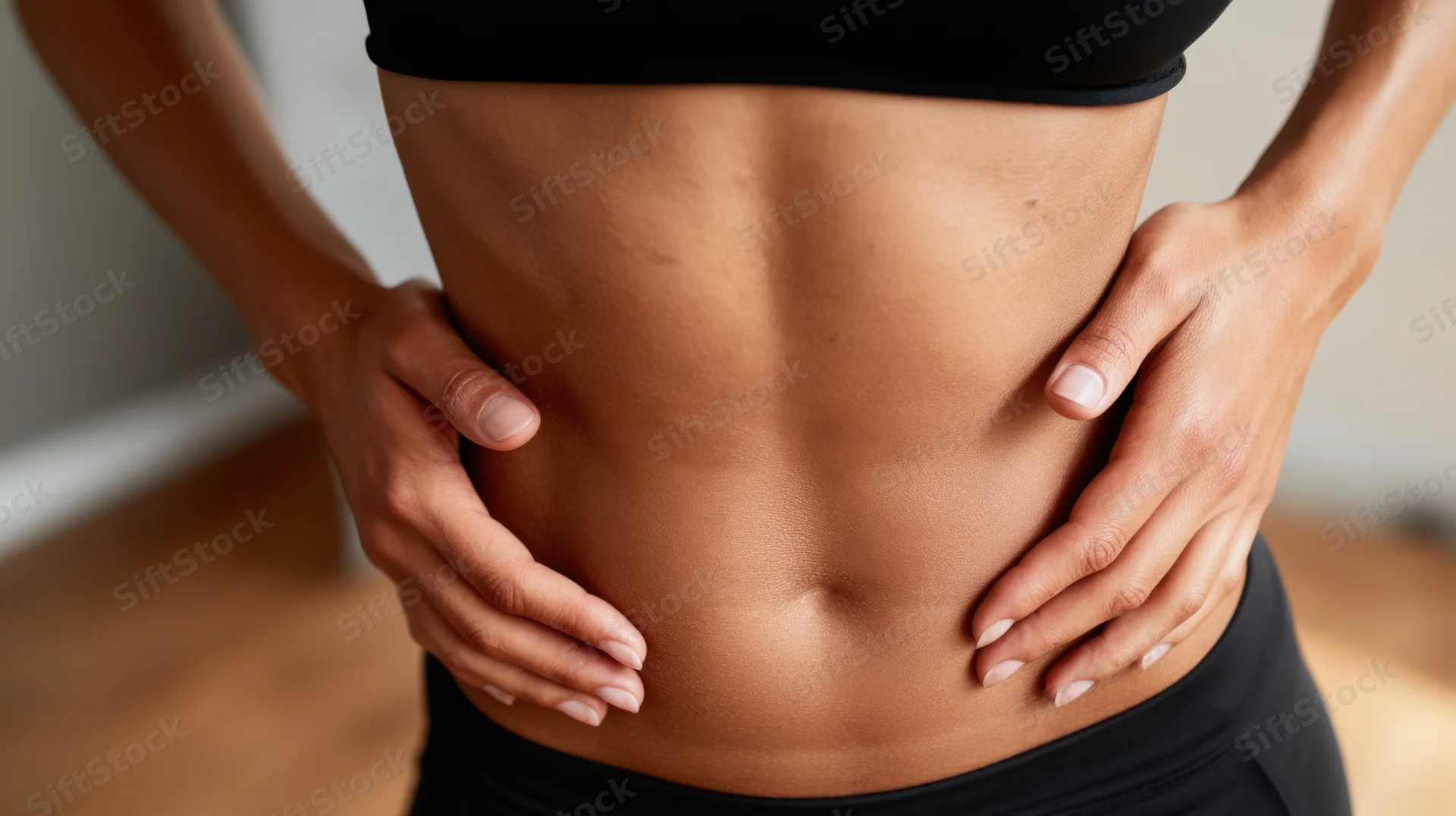 Woman with toned abdomen placing hands on waist indoors