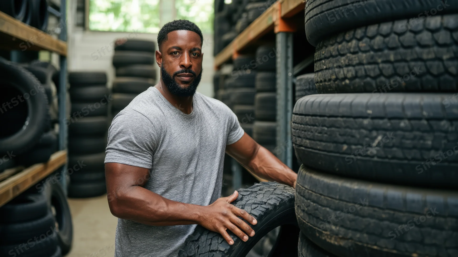 Man holding a tire in a tire workshop surrounded by stacked tires on shelves