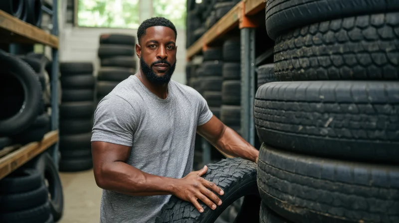 Man holding a tire in a tire workshop surrounded by stacked tires on shelves