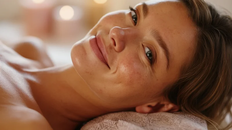 Woman receiving massage lying on towel with eyes open and relaxed expression