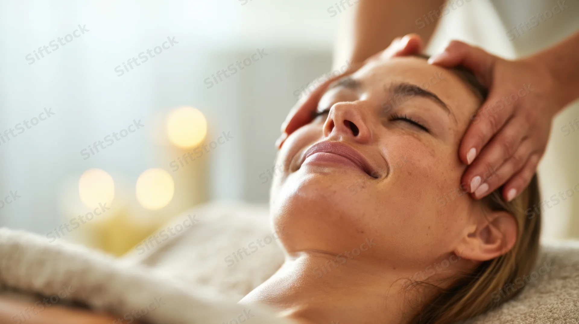 Woman receiving facial massage at spa with candles in background