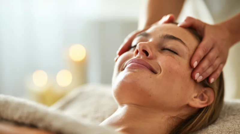 Woman receiving facial massage at spa with candles in background
