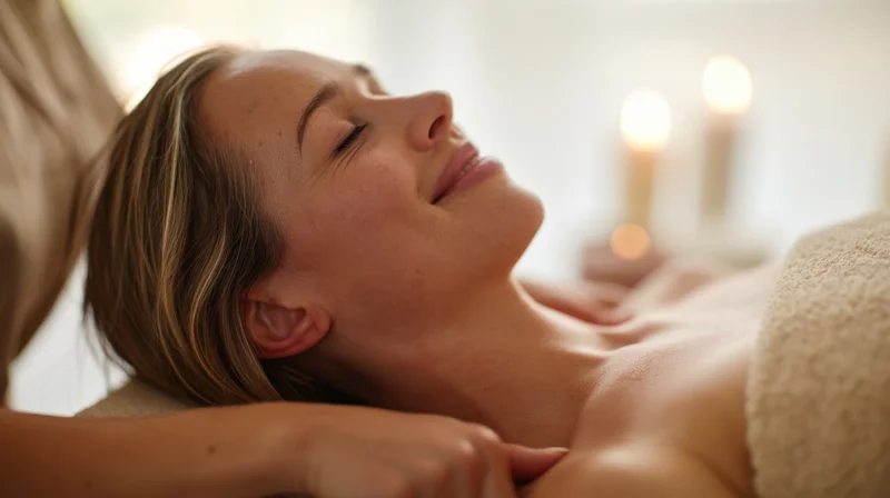 Woman receiving massage with eyes closed and towel draped over her body in a spa setting