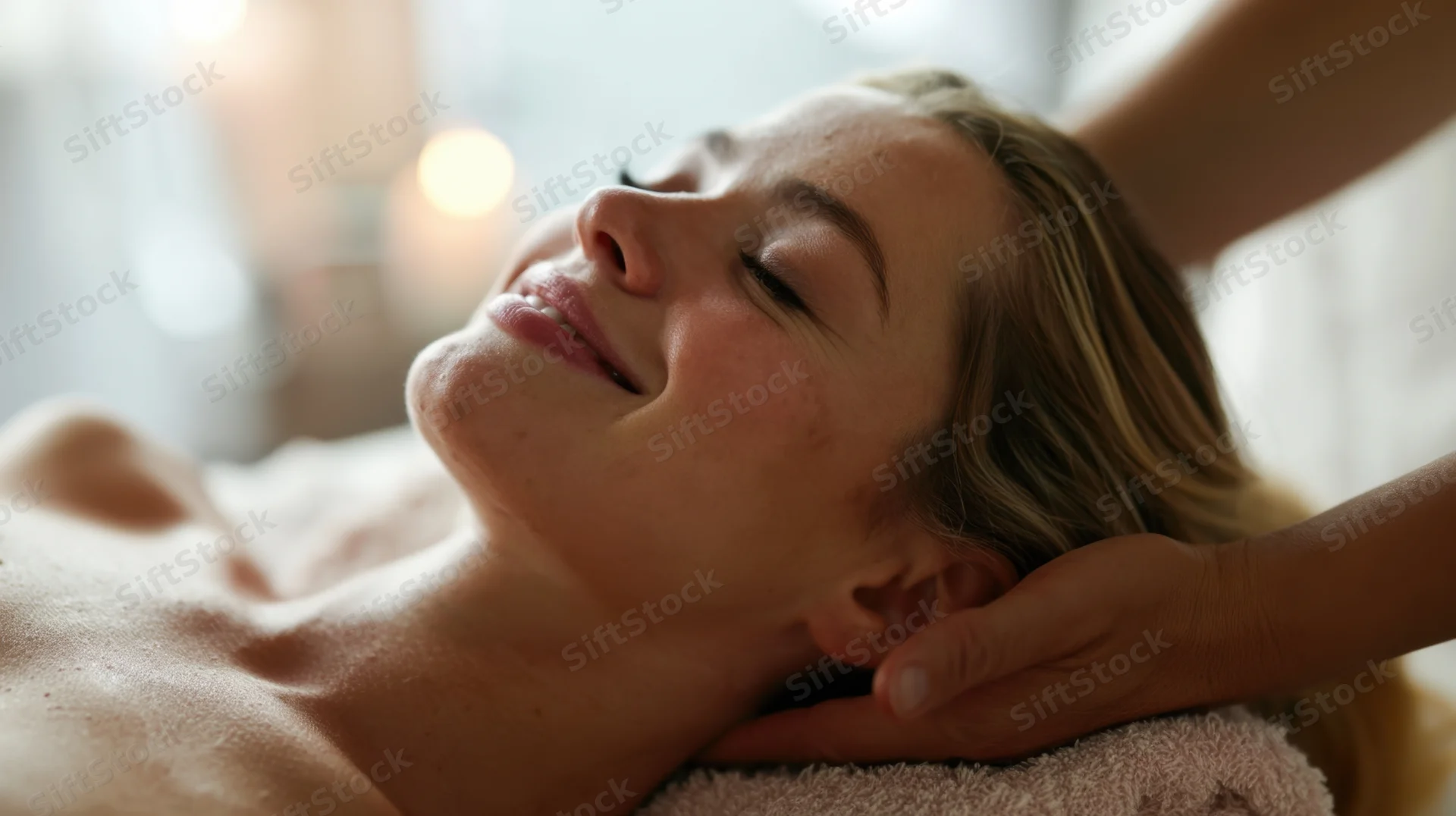 Woman receiving neck and head massage in spa setting with soft lighting and towel support