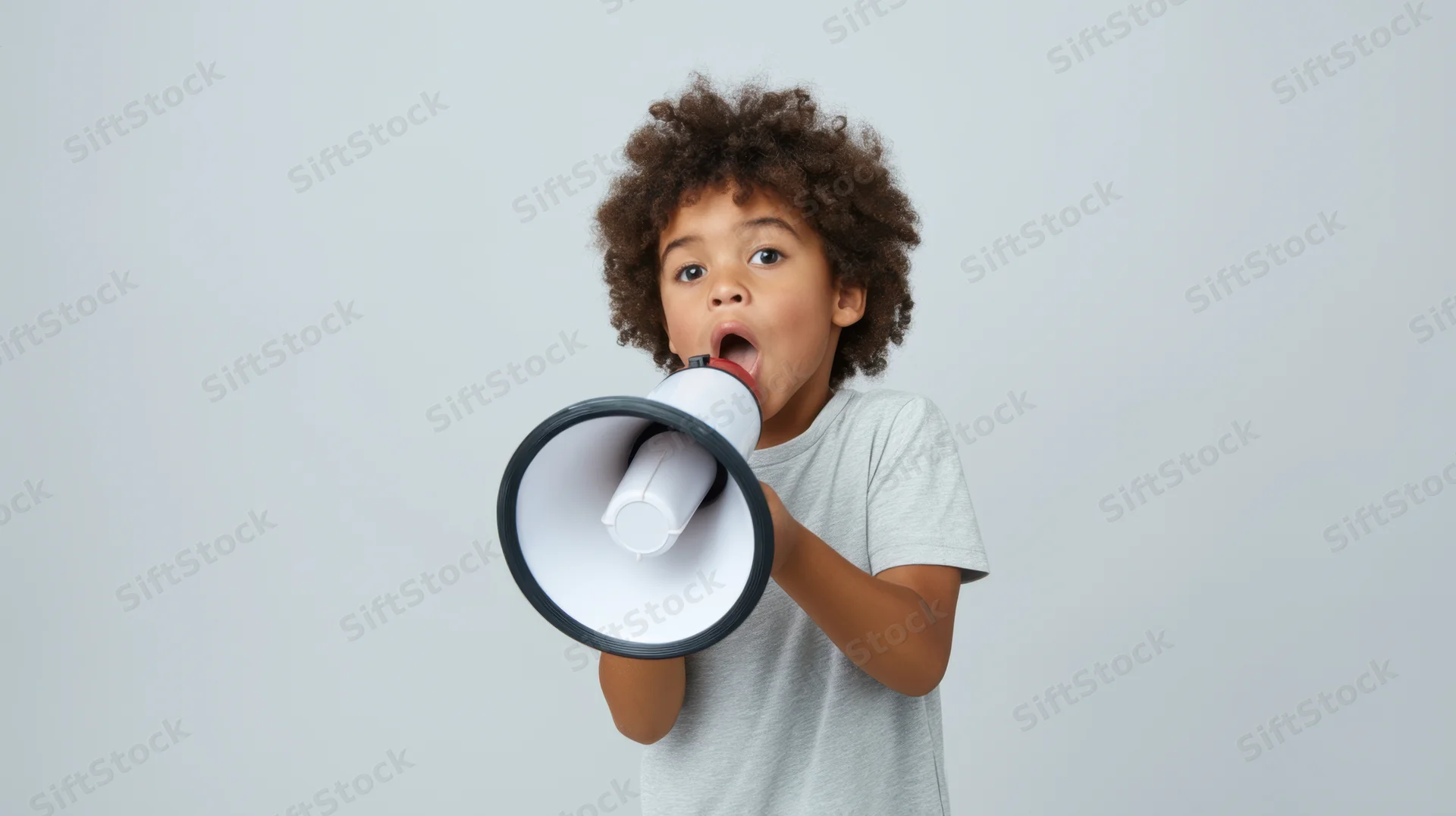 Young african american boy shouting into a megaphone in a studio setting
