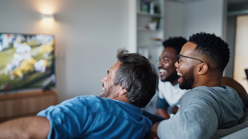 Three men laughing while watching football on television in a living room