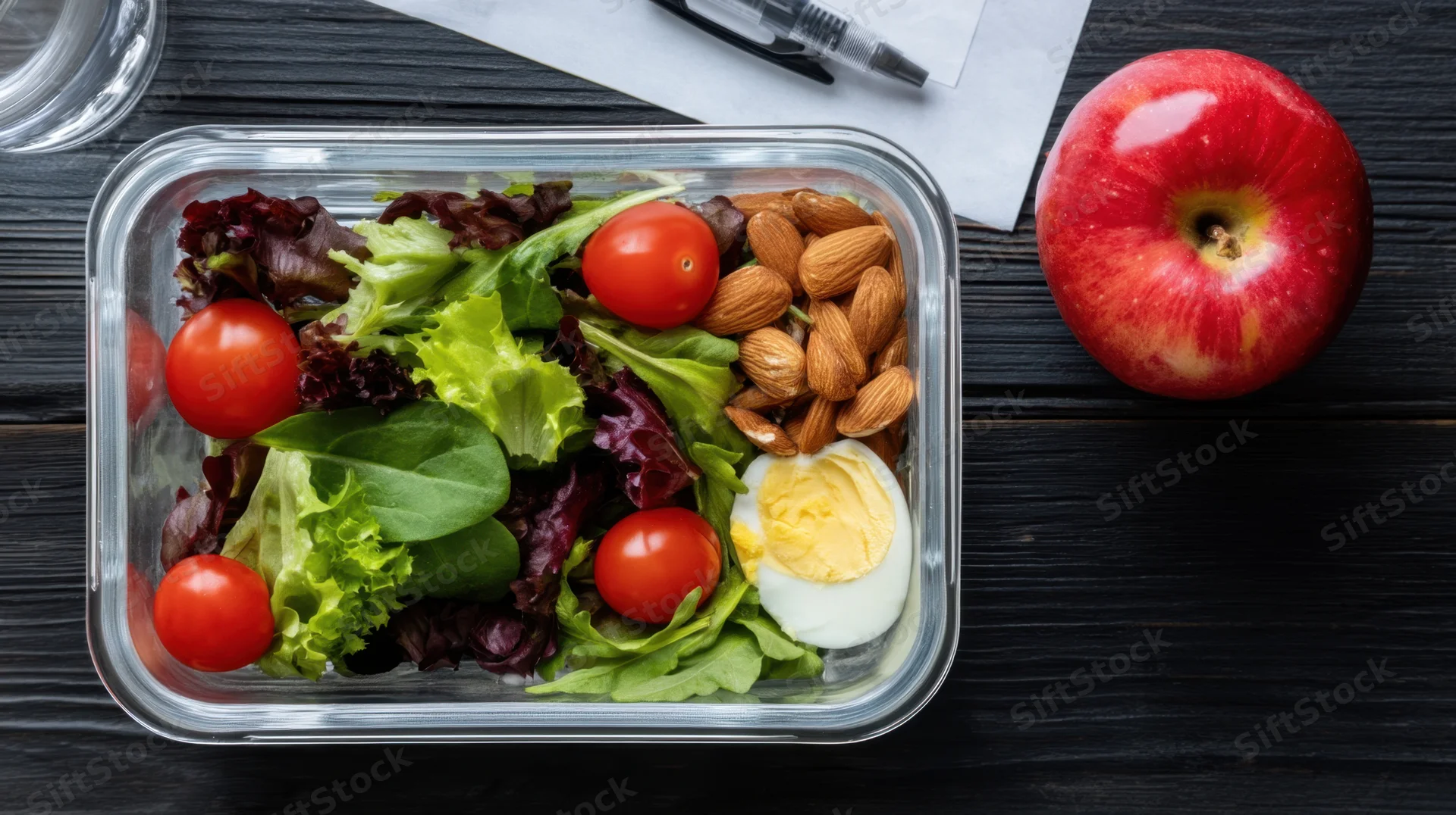 A meal prep container with salad, almonds, hardboiled egg and apple on a dark wooden table