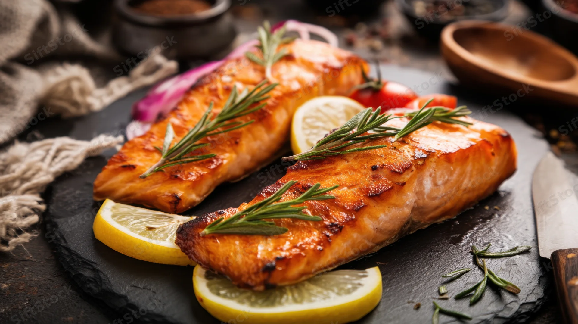 Grilled salmon fillets garnished with rosemary and lemon slices on a slate plate