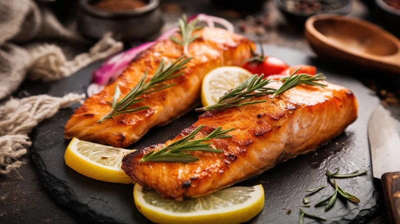 Grilled salmon fillets garnished with rosemary and lemon slices on a slate plate