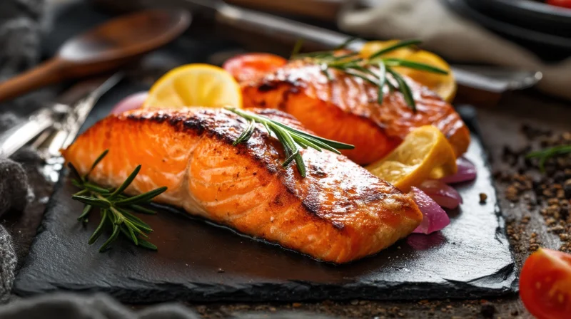 Grilled salmon fillets arranged on slate plate with rosemary and lemon garnish