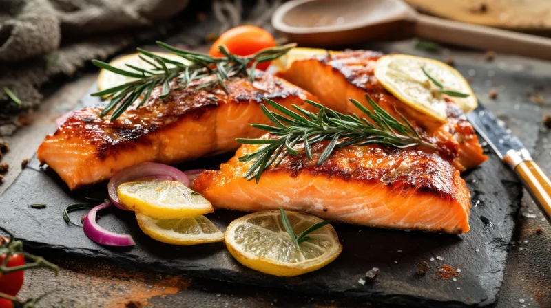 Grilled salmon fillets garnished with lemon and rosemary on a slate plate