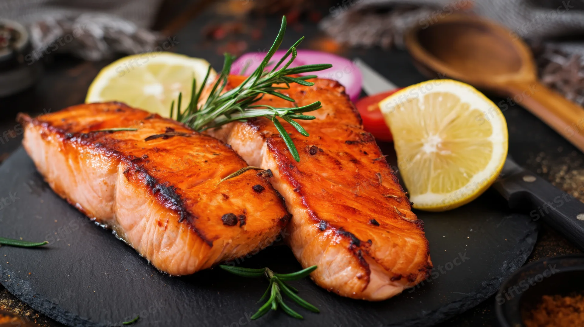 Grilled salmon fillets arranged on a slate plate with lemon and rosemary garnish