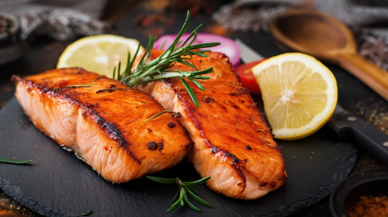 Grilled salmon fillets arranged on a slate plate with lemon and rosemary garnish