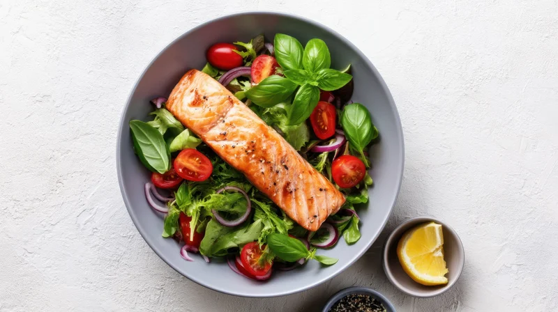 Salmon fillet atop a salad with basil, tomato, red onion, and lemon wedge in a gray bowl on a light surface