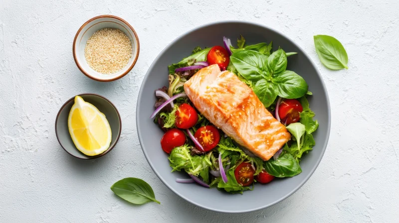 Salmon fillet atop a salad of greens, tomatoes, onions, and basil in a bowl with lemon and sesame seeds on the side