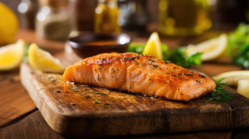 Grilled salmon fillet on a rustic wooden cutting board with herbs and lemon wedges