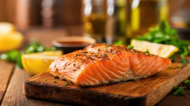 Grilled salmon fillet on a rustic wooden cutting board with lemon and herbs