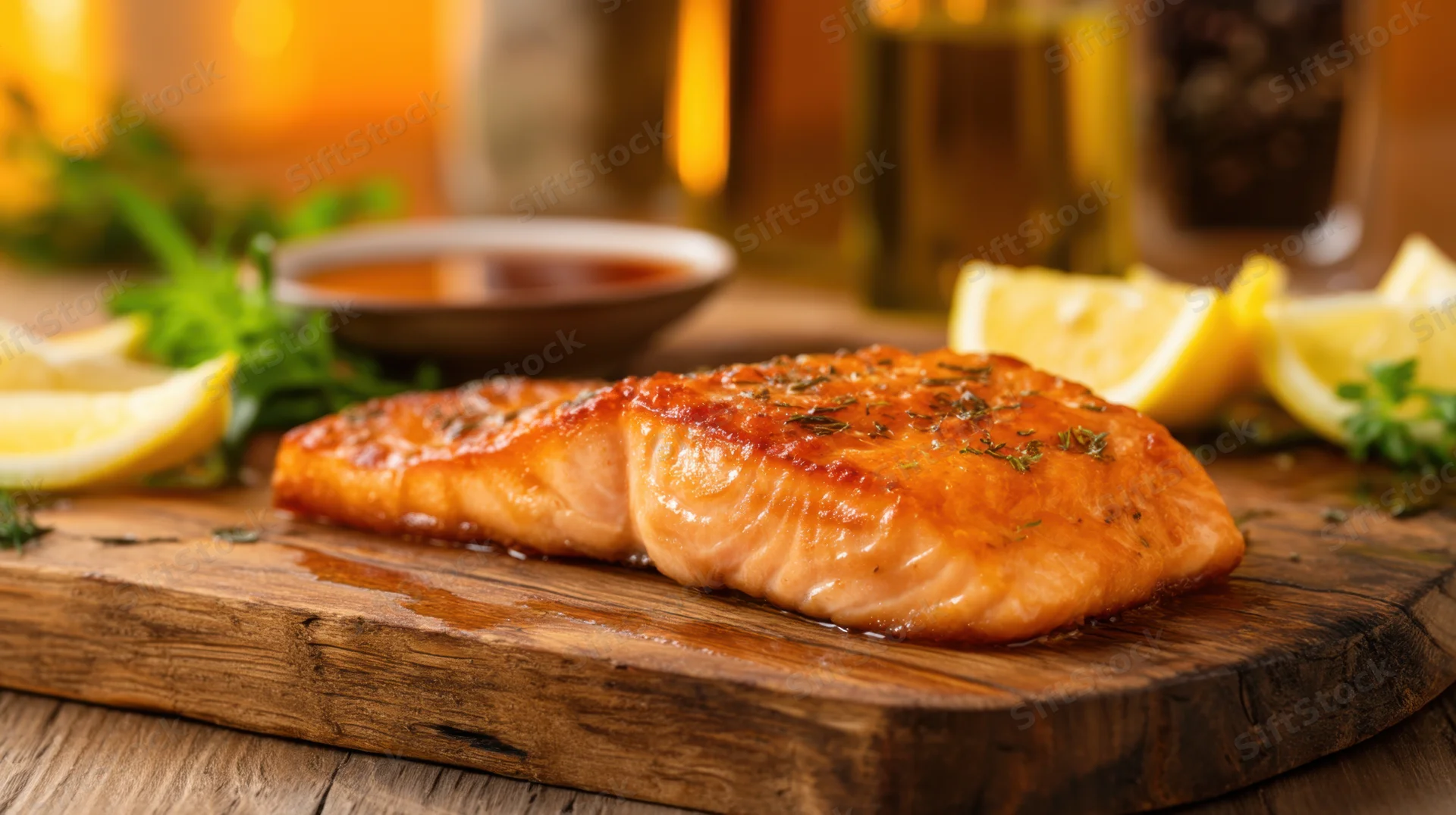 Grilled salmon fillet on rustic wooden cutting board with lemon and herbs