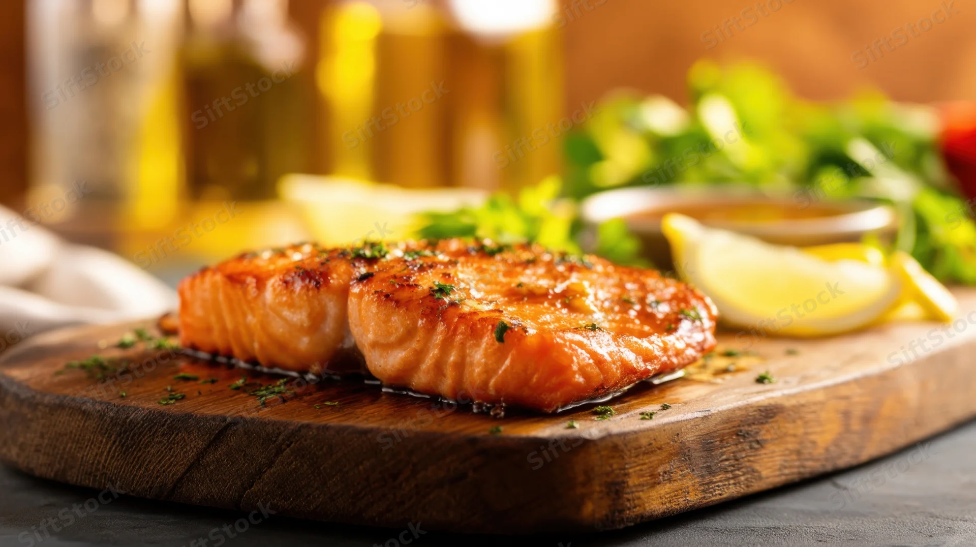 Grilled salmon fillet served on a rustic wooden cutting board with lemon and herbs