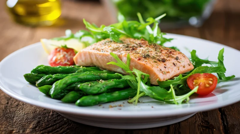 Grilled salmon fillet with asparagus and arugula salad on a white plate