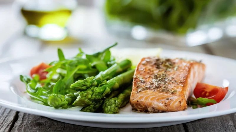 Roasted salmon fillet with asparagus and salad on a white plate on wooden table