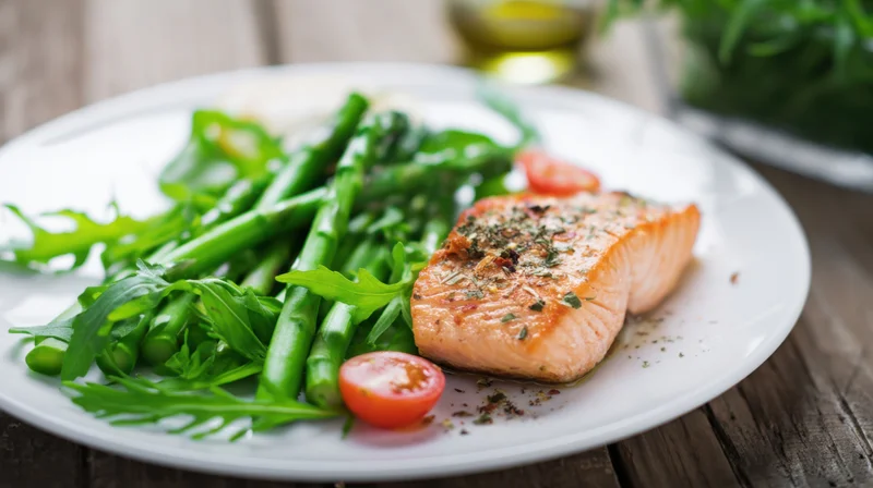 Roasted salmon fillet with asparagus and arugula salad on a white plate on wooden table