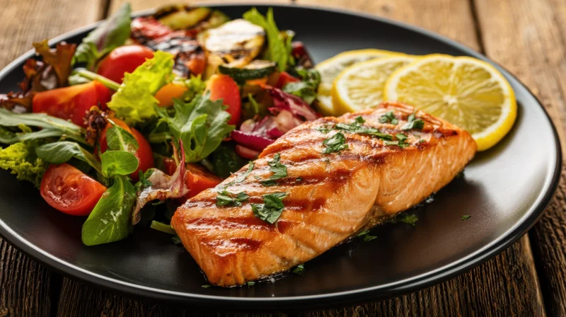 Grilled salmon fillet with mixed salad and lemon slices on a black plate set on a wooden table