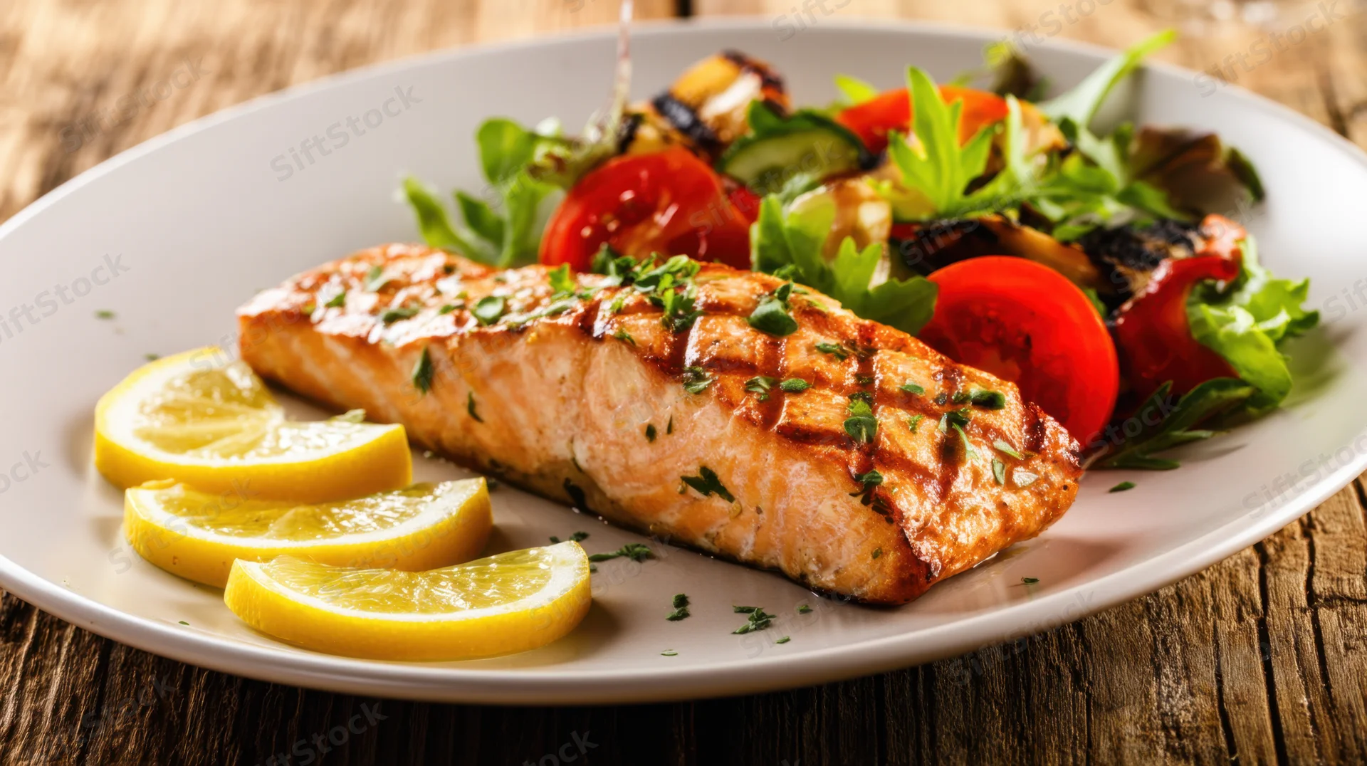 Grilled salmon fillet with lemon and salad on a white plate on wooden table