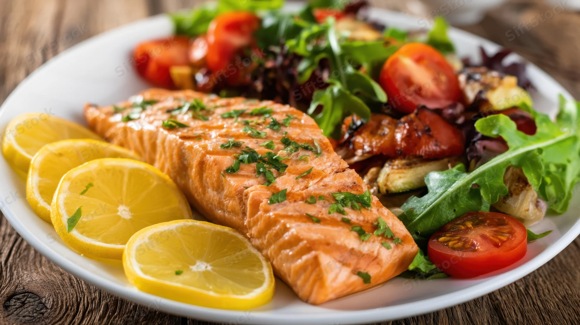 Grilled salmon fillet with lemon slices and mixed green salad on a white plate set on a wooden table