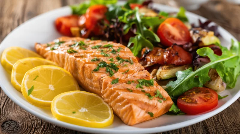 Grilled salmon fillet with lemon slices and mixed green salad on a white plate set on a wooden table