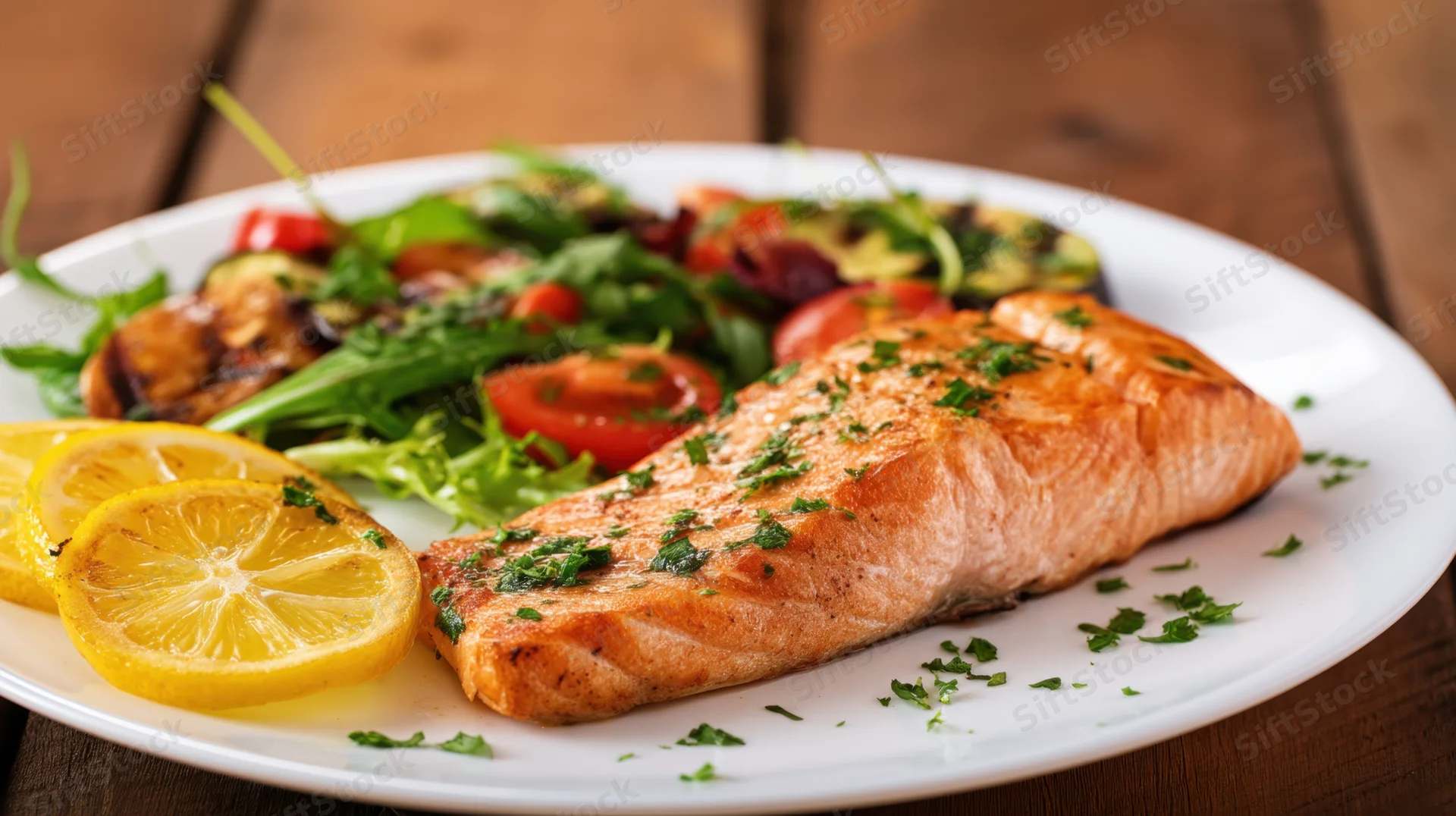 Grilled salmon fillet served with lemon slices and vegetable salad on a white plate on wooden table