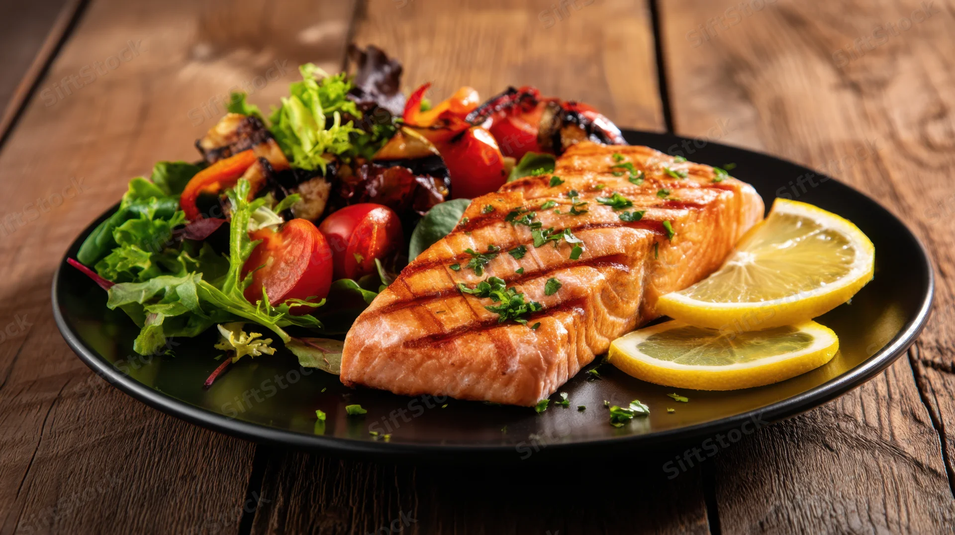 Grilled salmon fillet with lemon slices and mixed green salad on a black plate set on a wooden table