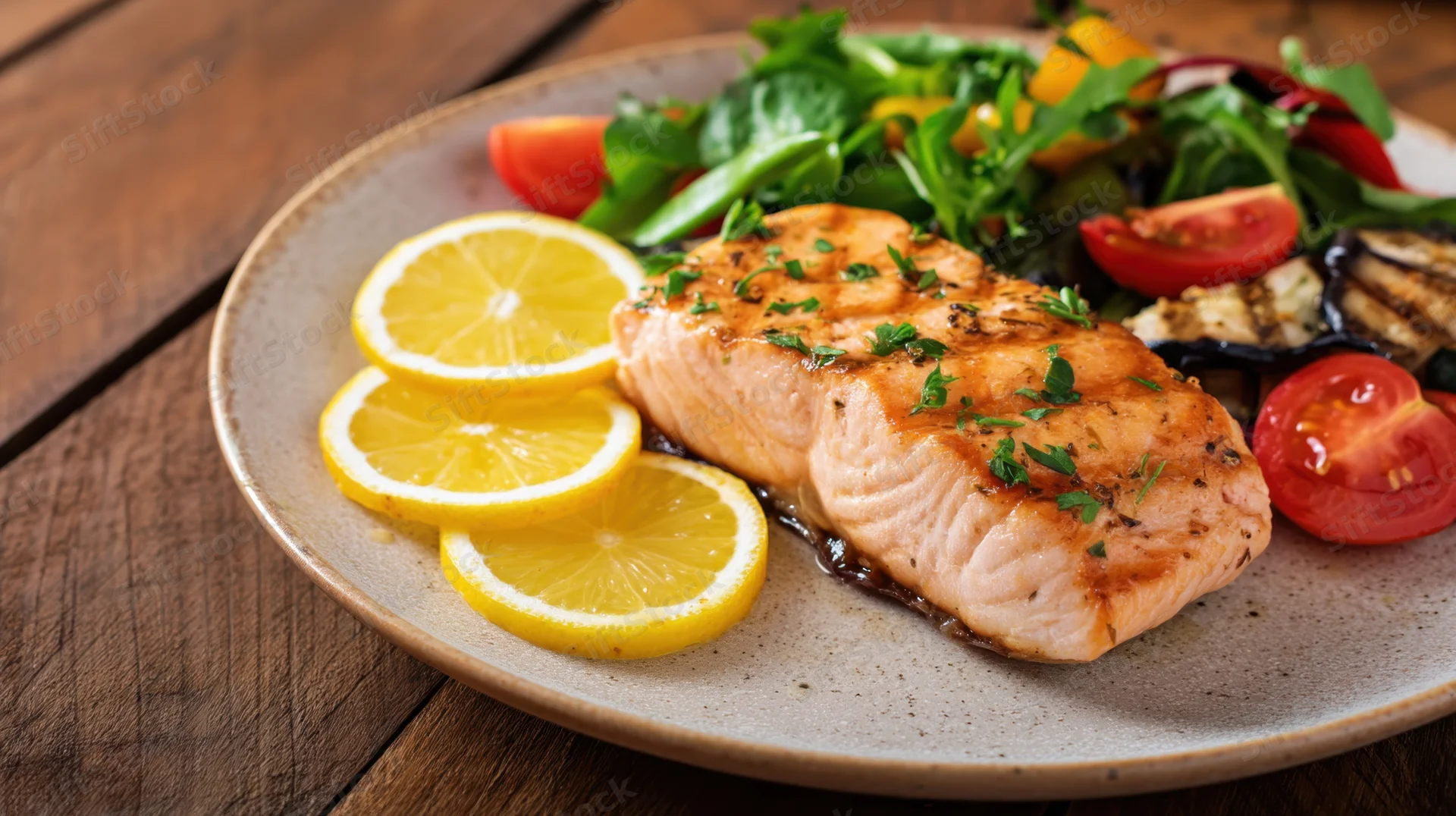 Grilled salmon fillet with lemon slices and vegetable salad on a ceramic plate set on a wooden table