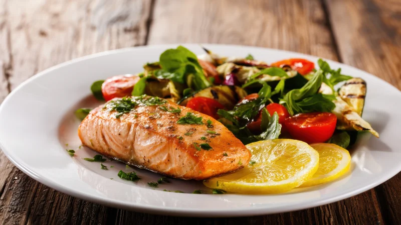 Grilled salmon fillet served with mixed green salad and lemon slices on a white plate atop a wooden table
