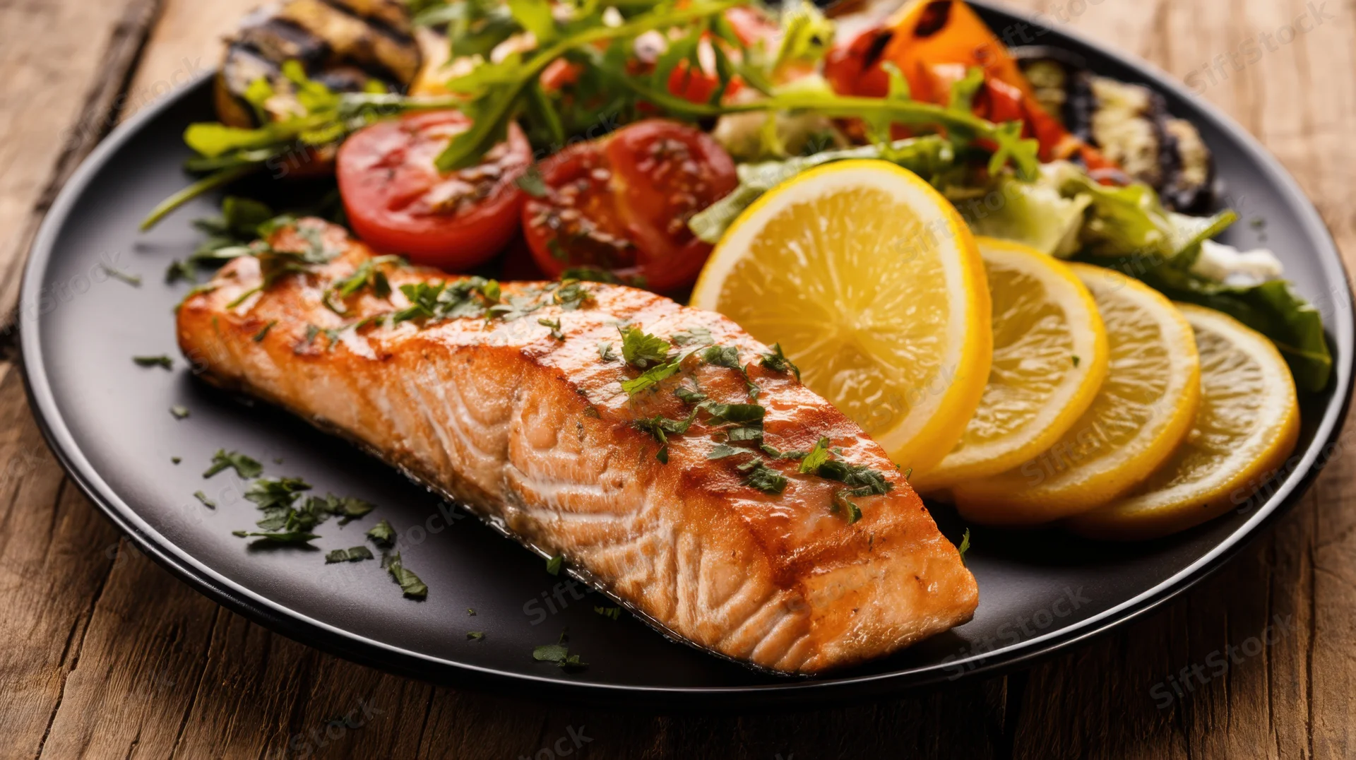 Grilled salmon fillet served on a black plate with lemon slices and vegetable salad on a wooden table