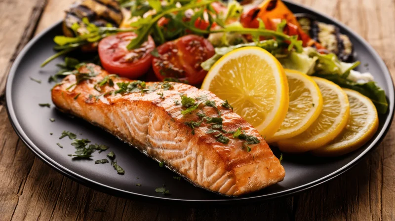 Grilled salmon fillet served on a black plate with lemon slices and vegetable salad on a wooden table