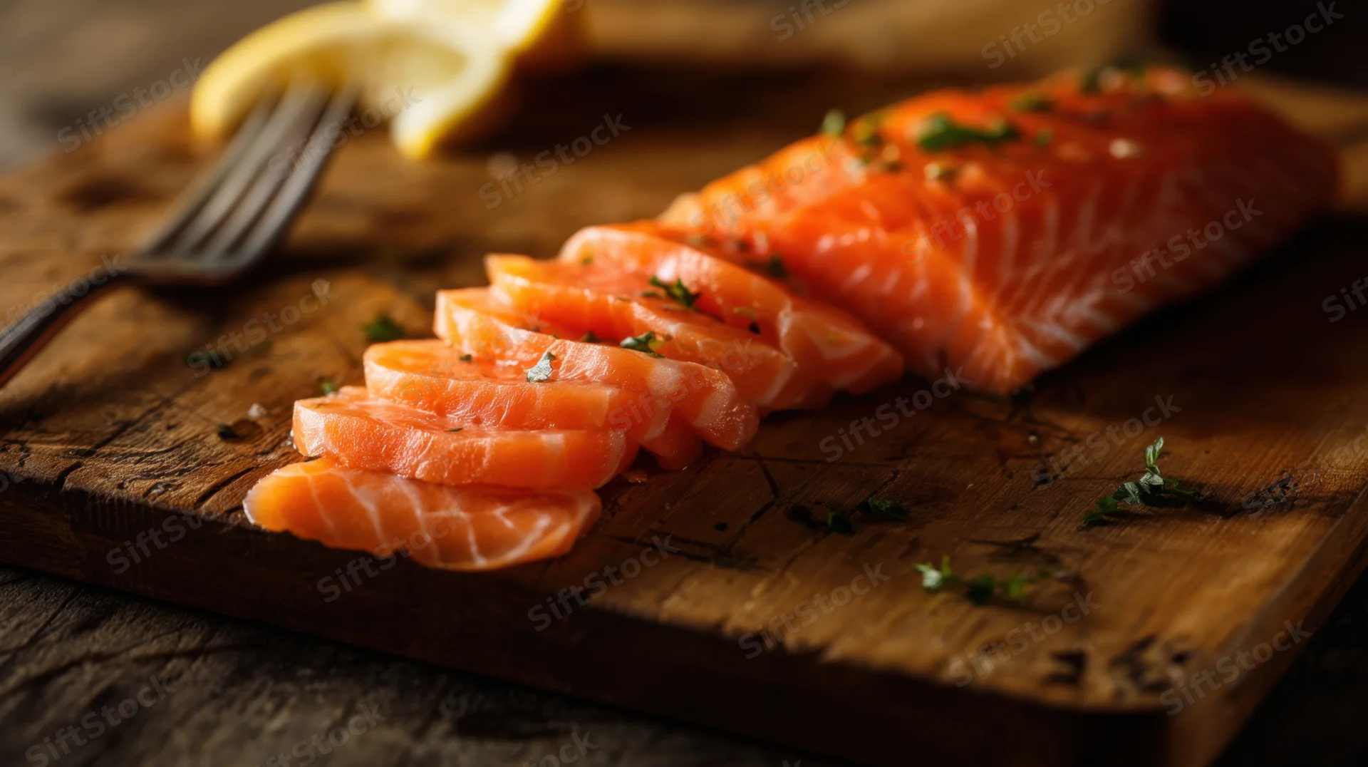 Raw salmon fillet sliced and garnished with herbs and lemon on a rustic wooden cutting board