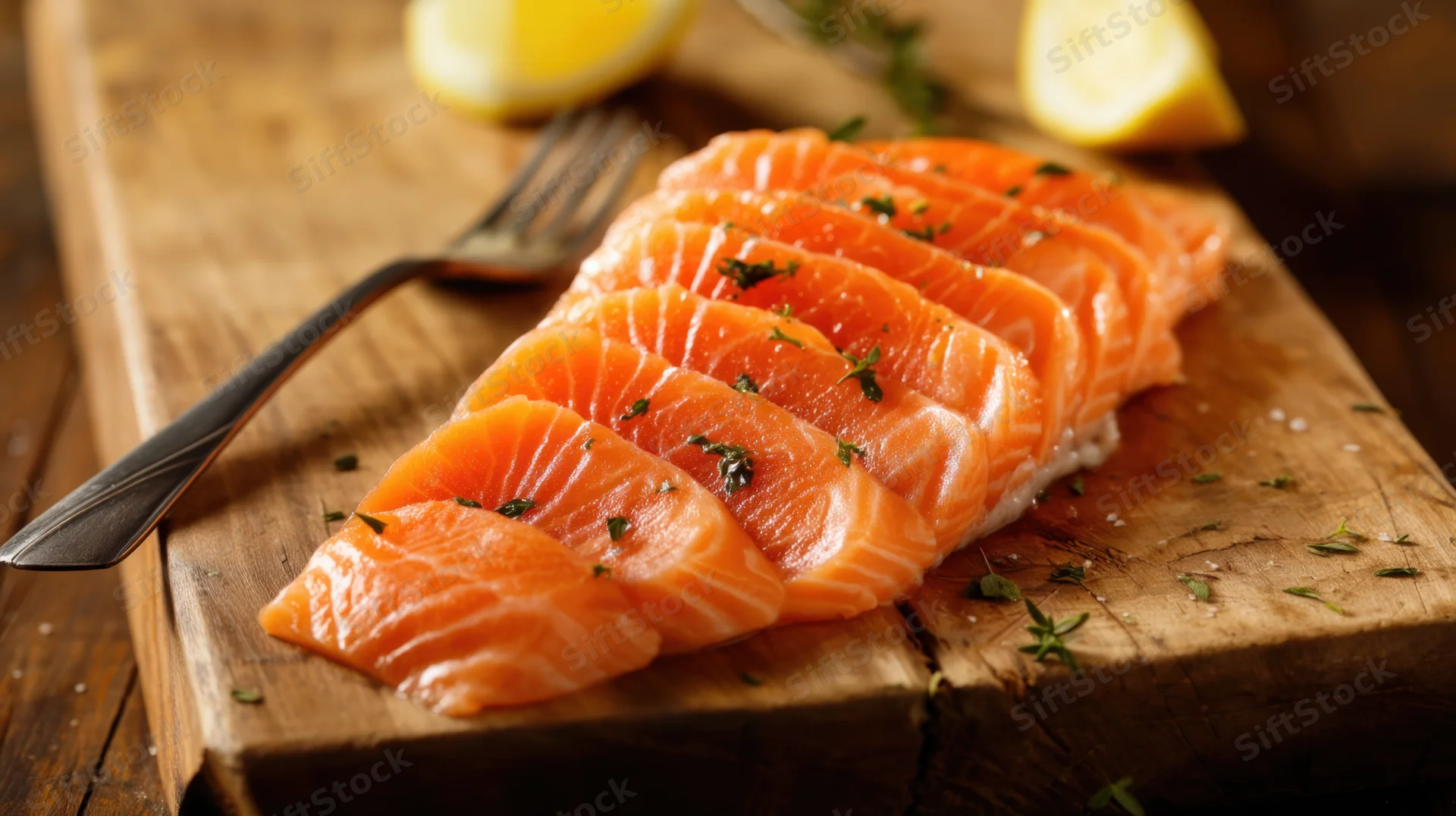Raw salmon fillet sliced and garnished with herbs and lemon on a rustic wooden cutting board