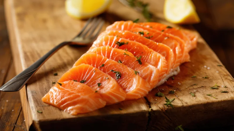 Raw salmon fillet sliced and garnished with herbs and lemon on a rustic wooden cutting board