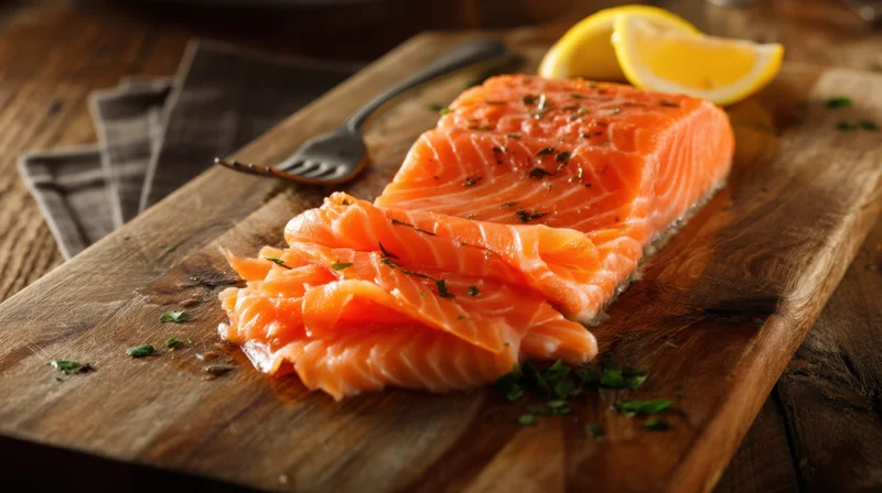 Raw salmon fillet with lemon and herbs on a rustic wooden cutting board