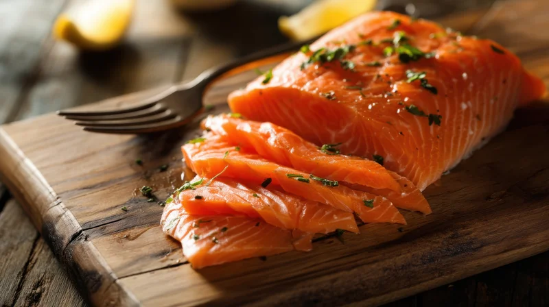 Raw salmon fillet sliced and garnished with herbs on a rustic wooden cutting board