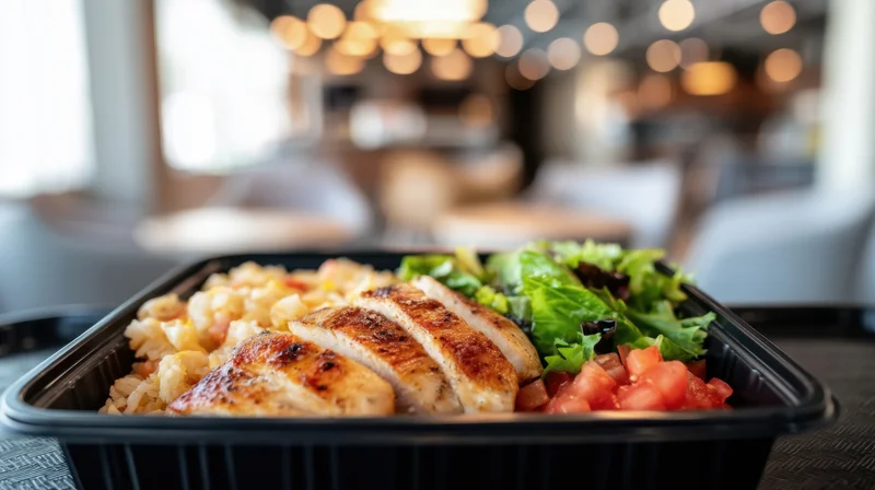 Grilled chicken and rice with salad in a black bento box on a table in a restaurant setting