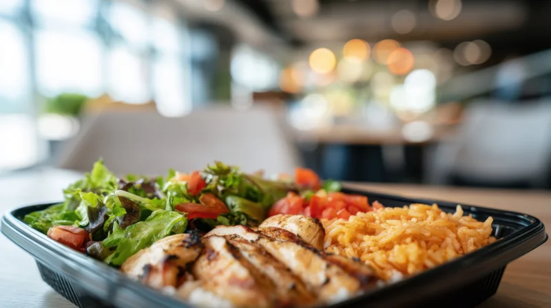 Grilled chicken and rice salad in a black bento box on a wooden table with blurred background
