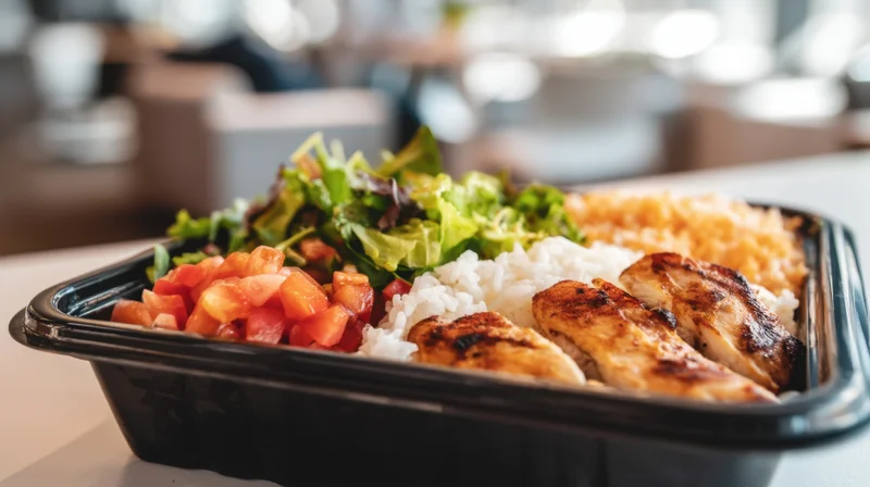 Grilled chicken and rice with salad in a compartmentalized plastic bento box on a table