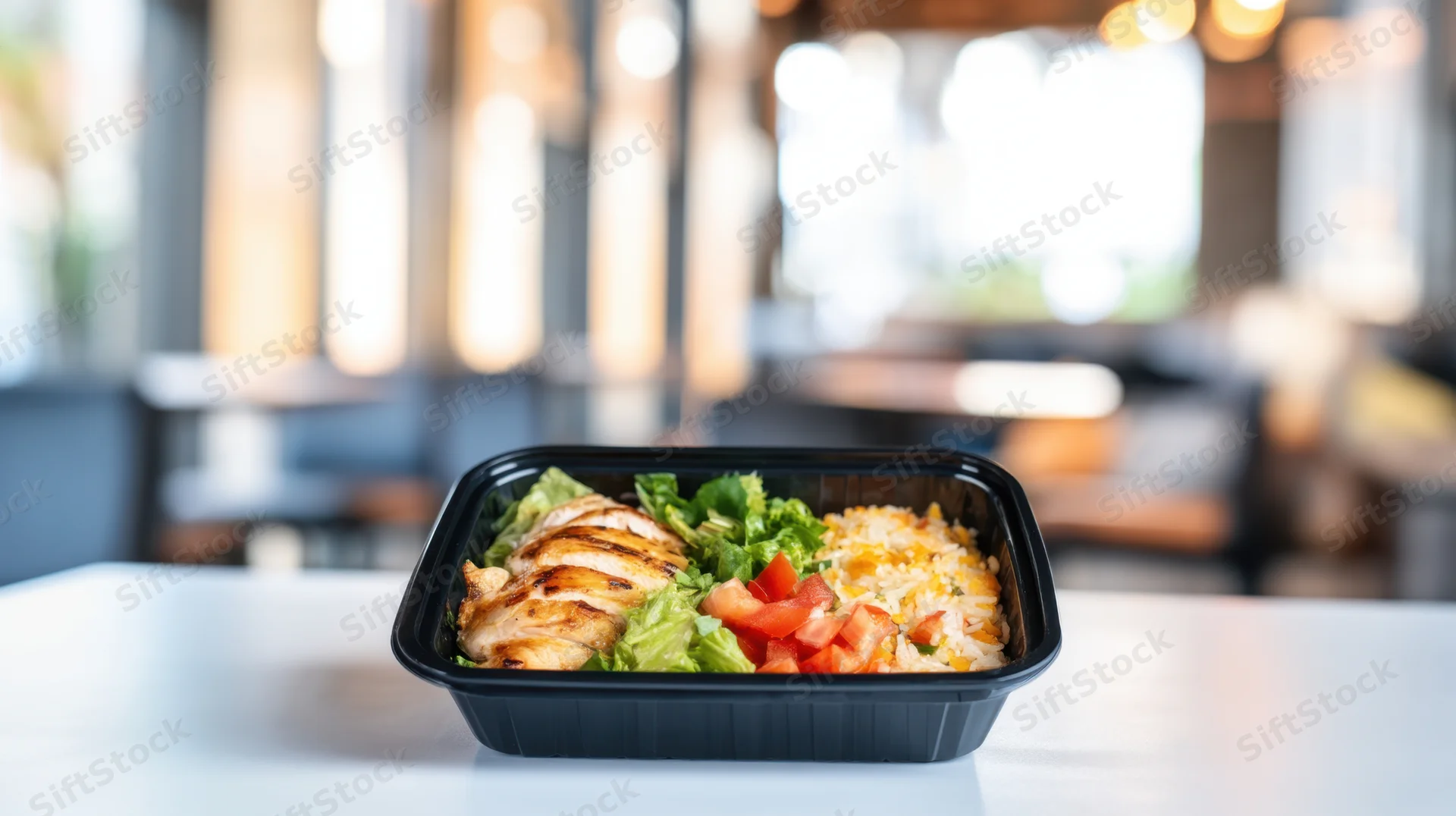 Grilled chicken and rice salad in a black bento container on a white table in a modern cafe interior