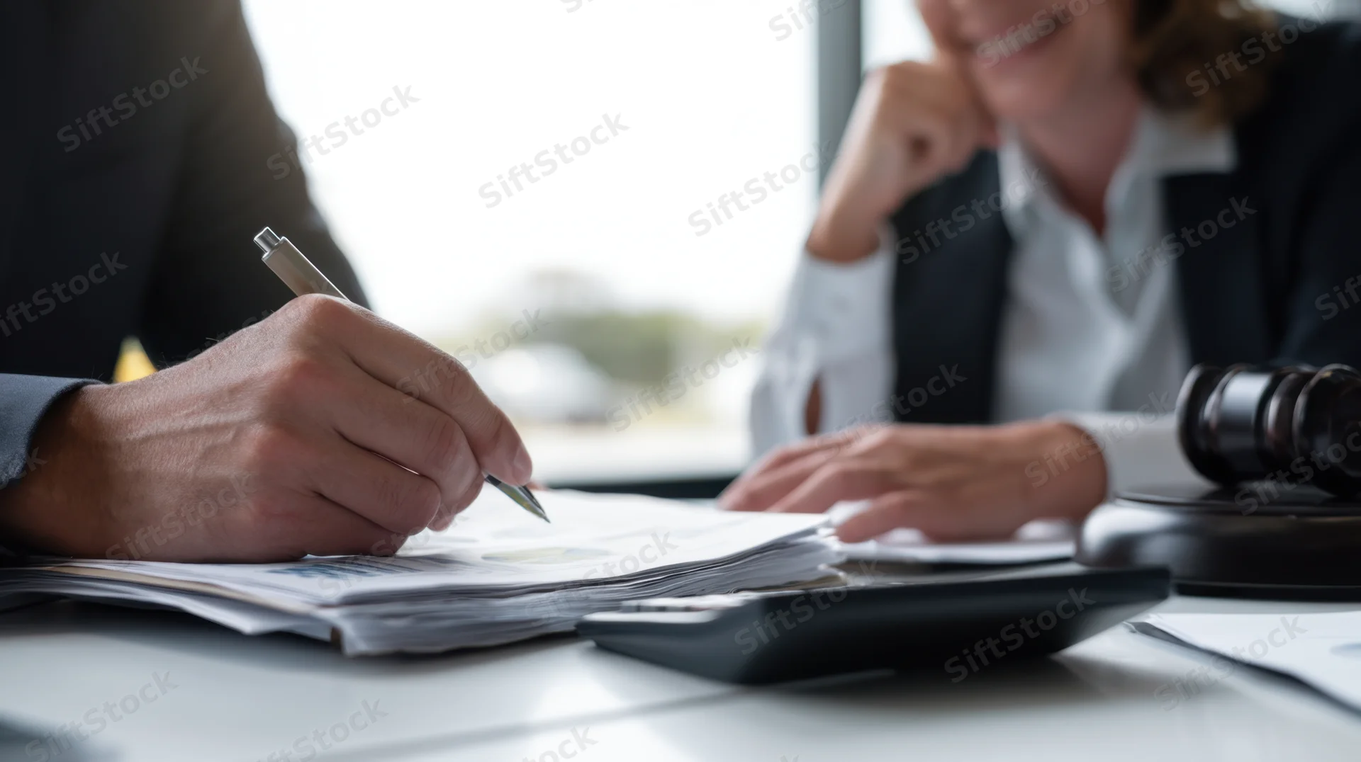 Two professionals discussing documents at a desk in an office meeting