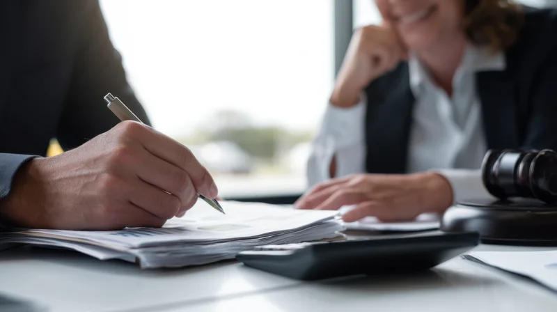 Two professionals discussing documents at a desk in an office meeting